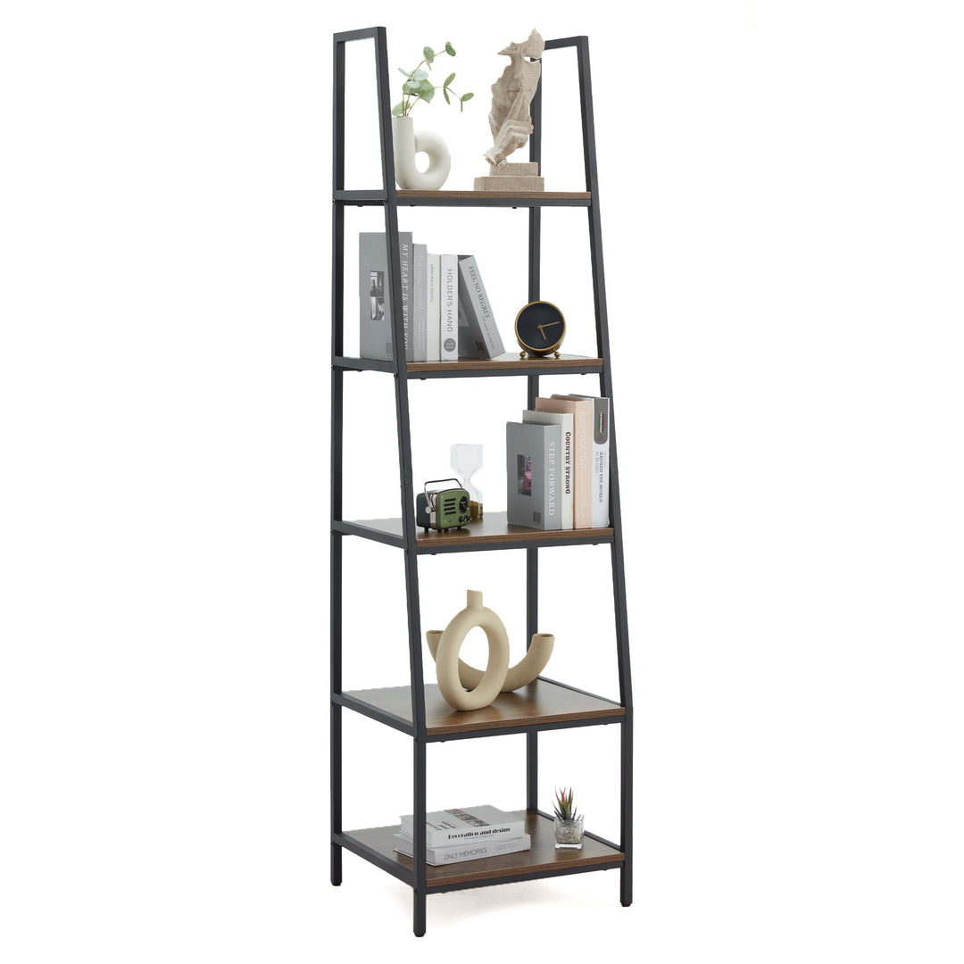 JOMEED Freestanding Industrial 5 Tier Open Shelf Ladder Bookcase, Gray & Brown