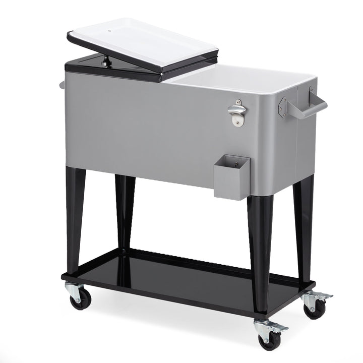 JOMEED 80 Quart Rolling Cooler Cart Ice Chest w/ Drain & Bottle Opener, Silver