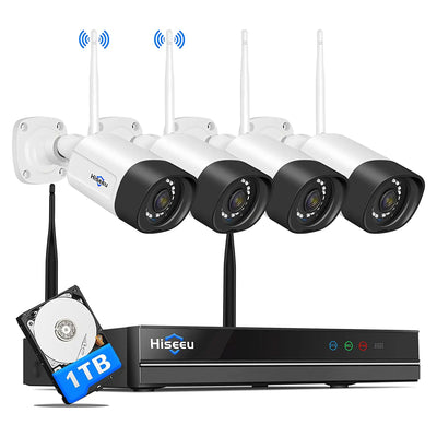 Hiseeu Wireless Security w/4 Cameras, 2 Way Audio, & 1 TB Hard Drive(For Parts)