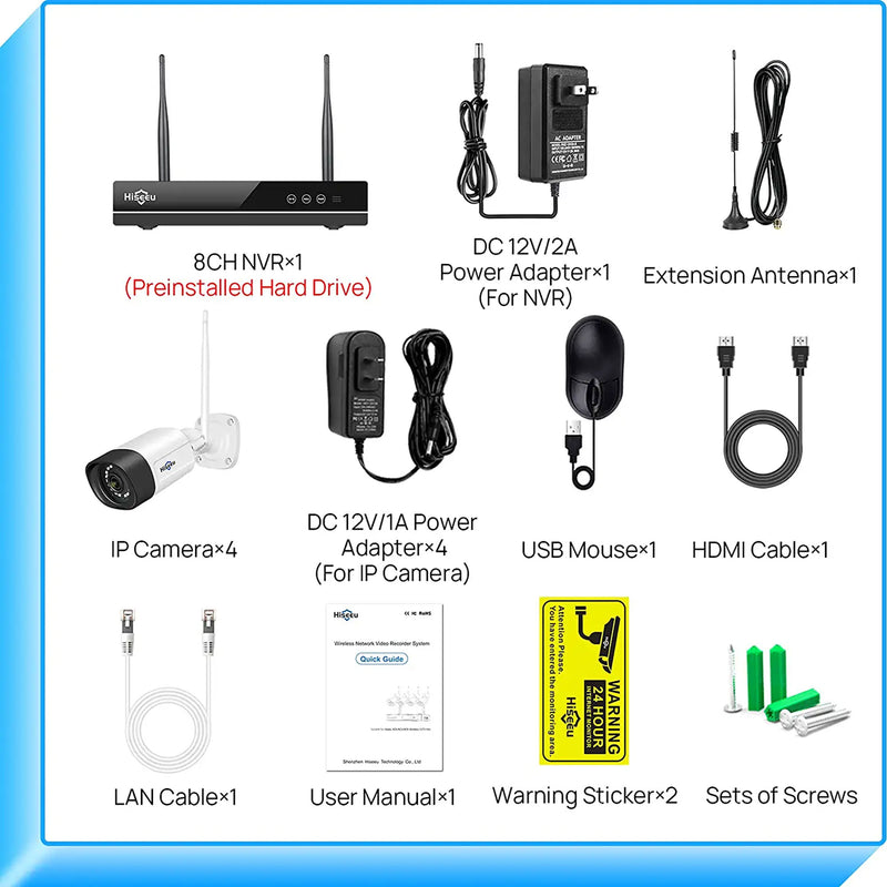 Hiseeu Wireless Security w/4 Cameras, 2 Way Audio, & 1 TB Hard Drive(For Parts)