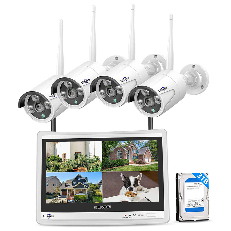Hiseeu Wireless Security System w/ 4 Cameras, 12"  Monitor & 3T Drive (Open Box)
