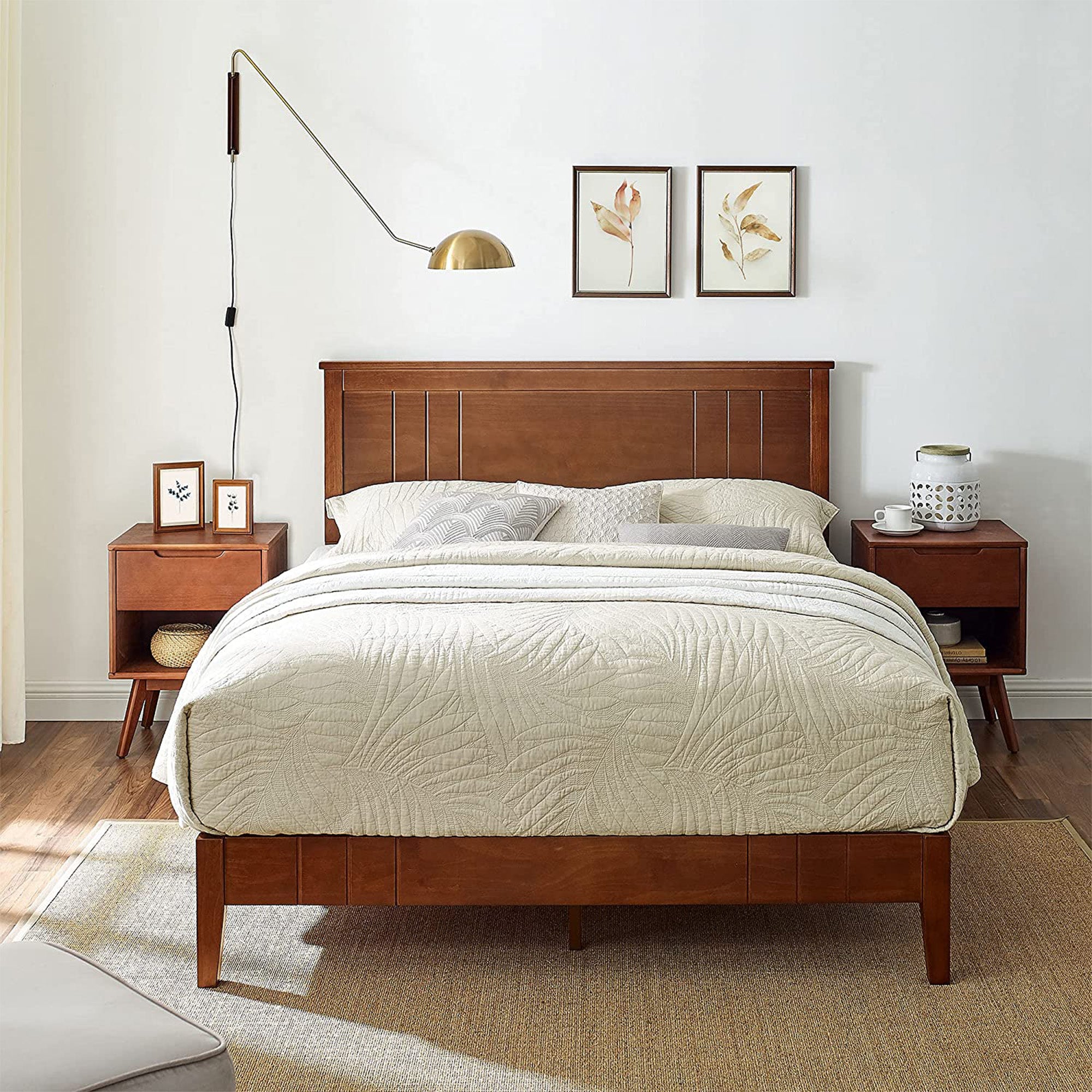 MUSEHOMEINC Mid Century Modern Solid Pinewood Platform Bed with Headboard, Queen - VMInnovations