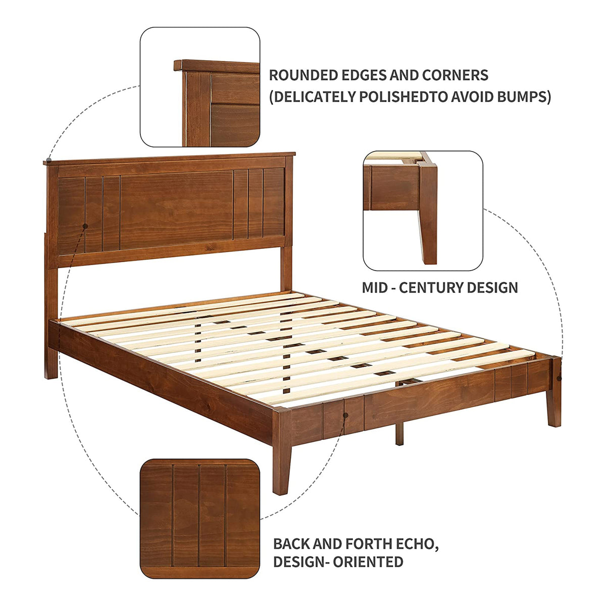 MUSEHOMEINC Mid Century Modern Solid Pinewood Platform Bed with Headboard, Queen