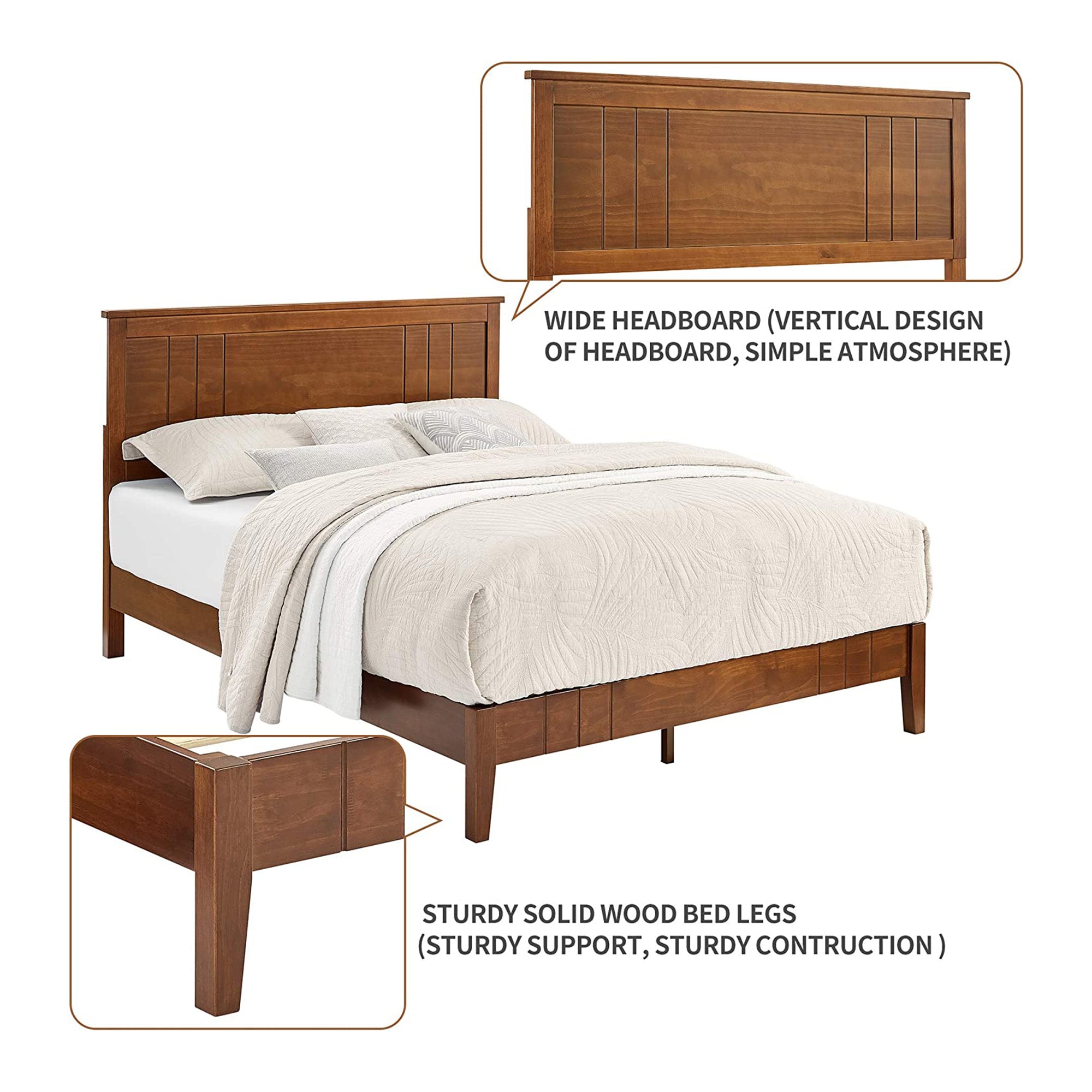 MUSEHOMEINC Mid Century Modern Solid Pinewood Platform Bed with Headboard, Queen - VMInnovations