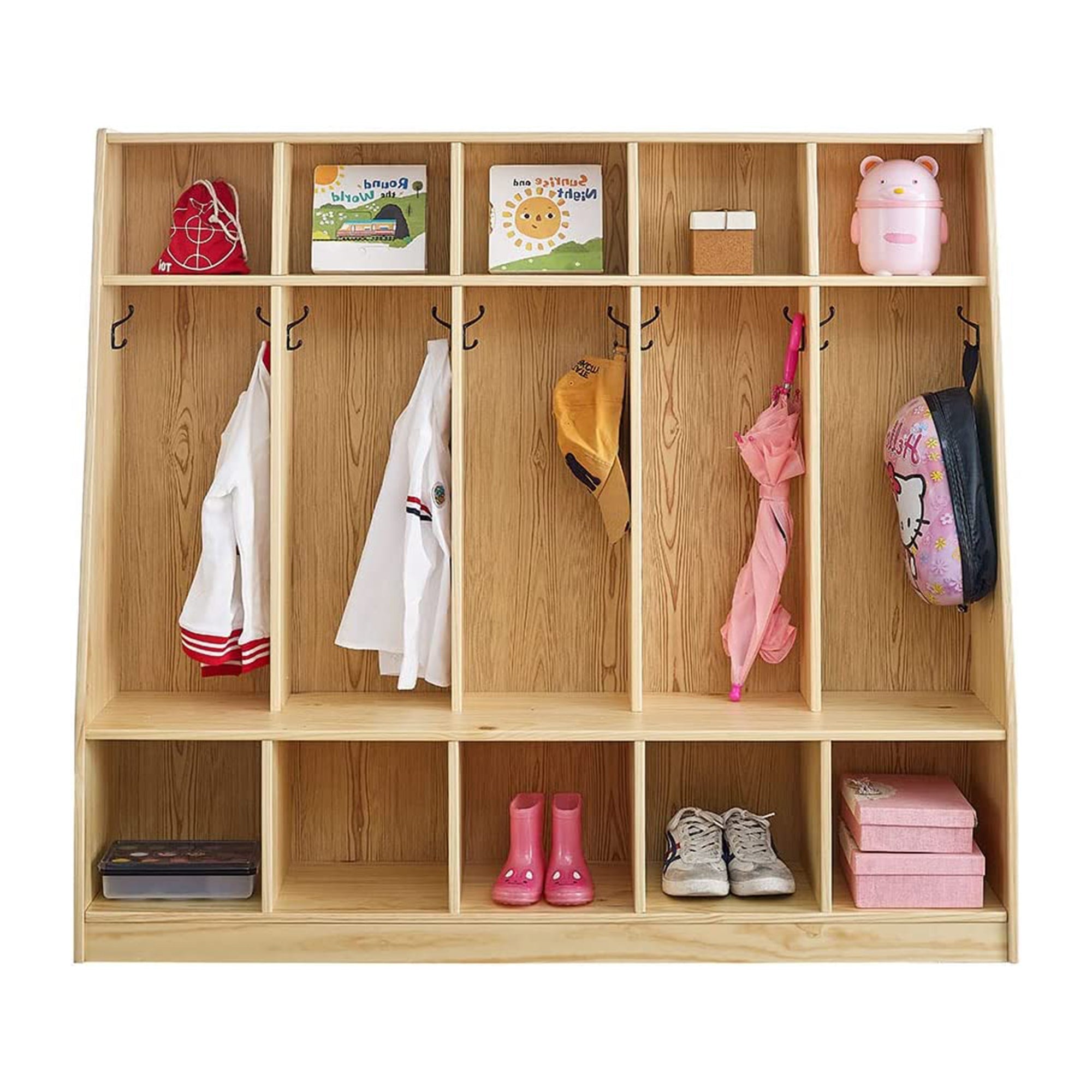 MUSHOMEINC 5-Section Classroom Coat Locker and Backpack Cubicle, Natural Pine - VMInnovations