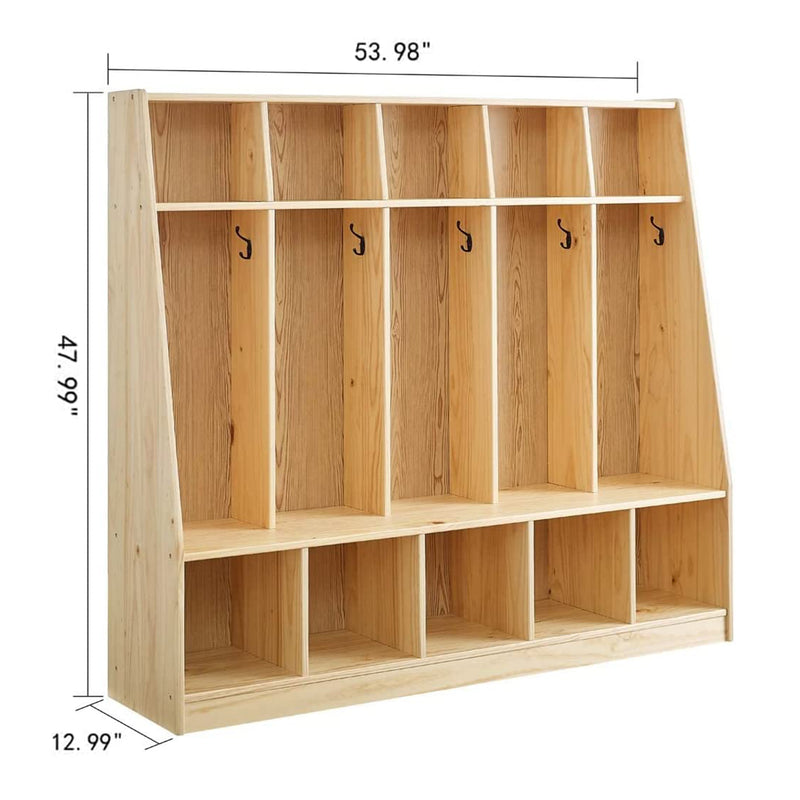 MUSHOMEINC 5-Section Classroom Coat Locker and Backpack Cubicle, Natural Pine