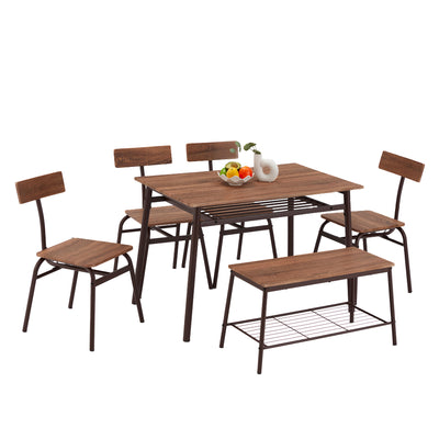 JOMEED 6 Piece Metal Frame Kitchen Dining Room Table, Chairs, & Bench Set, Brown