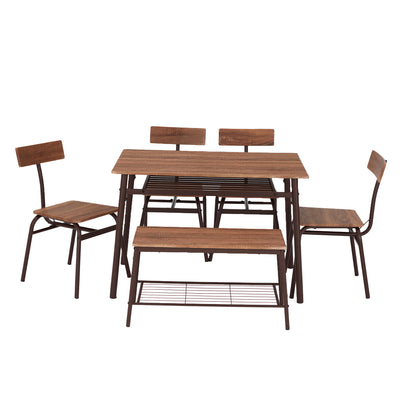 JOMEED 6 Piece Metal Frame Kitchen Dining Room Table, Chairs, & Bench Set, Brown