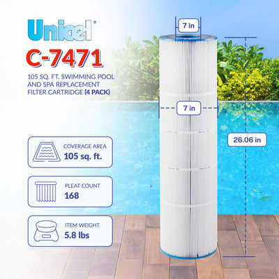 Unicel C-7471 Replacement 105 Sq Ft Pool Filter Cartridge, 168 Pleats (4 Pack)
