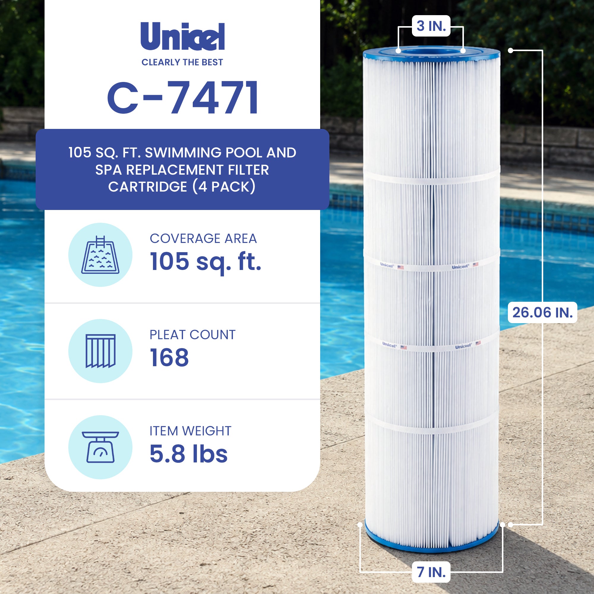 Unicel C-7471 Replacement 105 Sq Ft Pool Filter Cartridge, 168 Pleats (4 Pack)