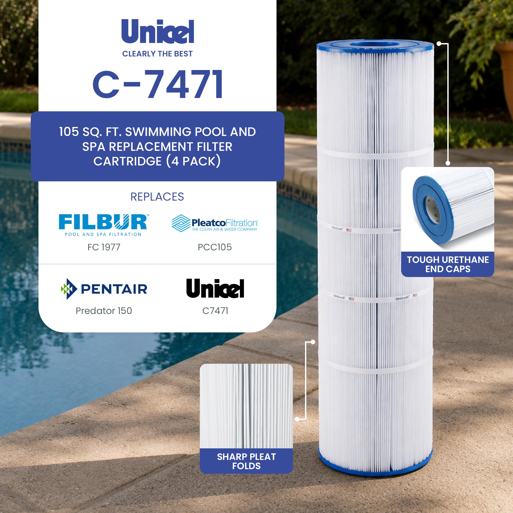 Unicel C-7471 Replacement 105 Sq Ft Pool Filter Cartridge, 168 Pleats (4 Pack)