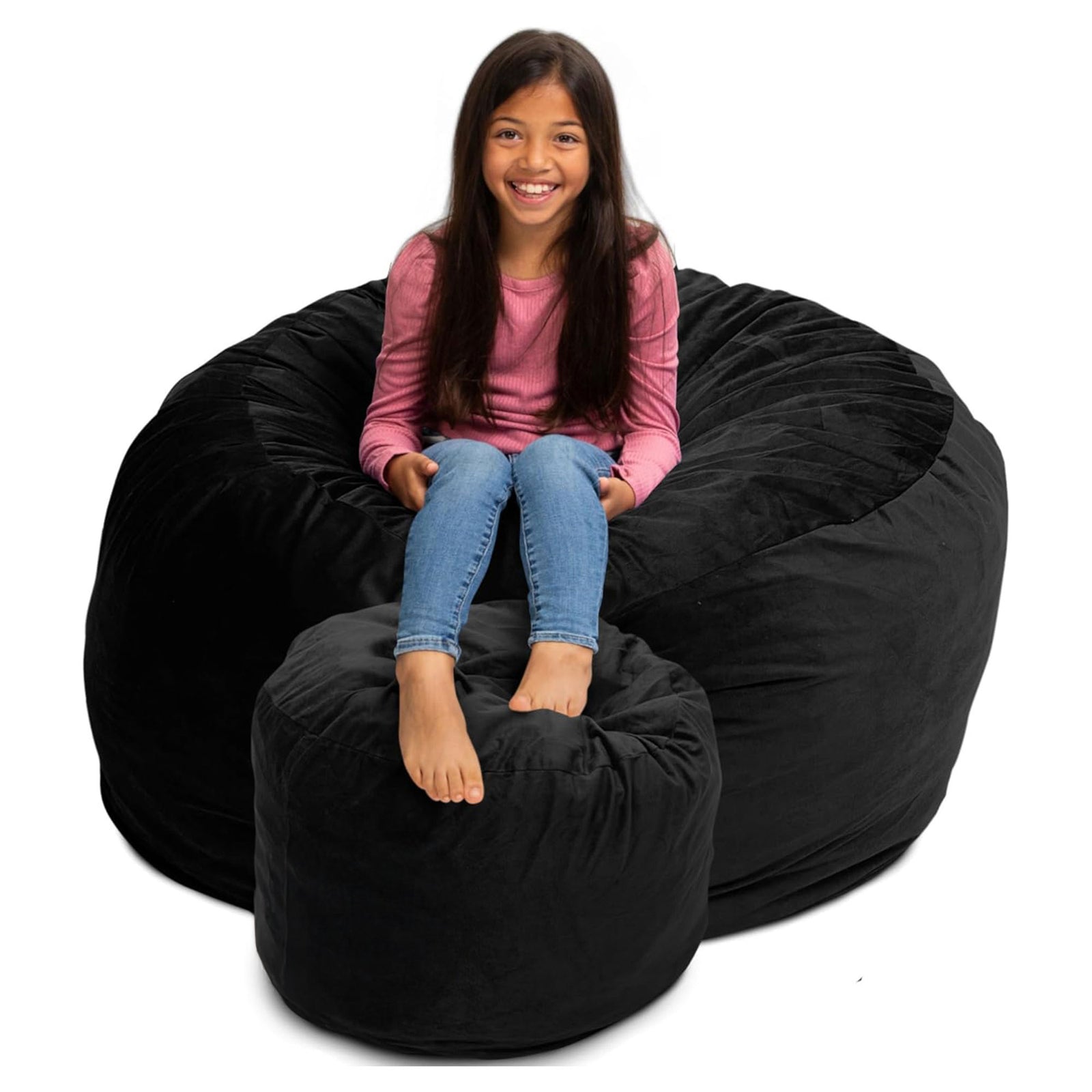 Ultimate Sack 4ft Bean Bag Chair and Footstool, Oversized Lounger, Black Suede - VMInnovations
