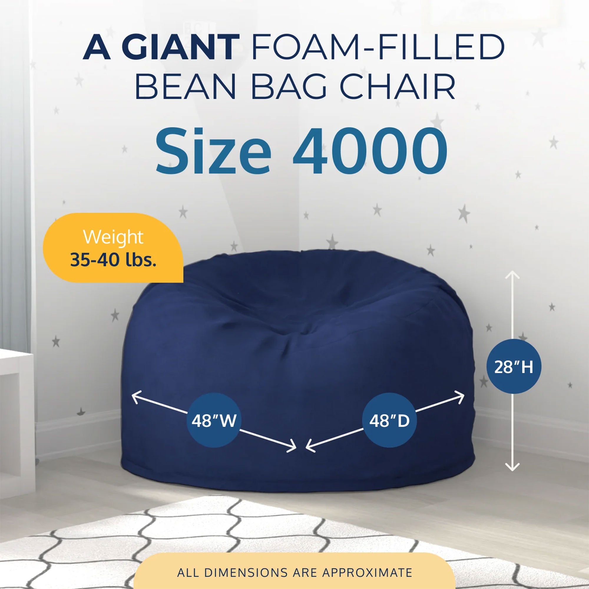 Ultimate Sack 4ft Bean Bag Chair, Oversized Indoor Comfy Lounger, Blue Suede