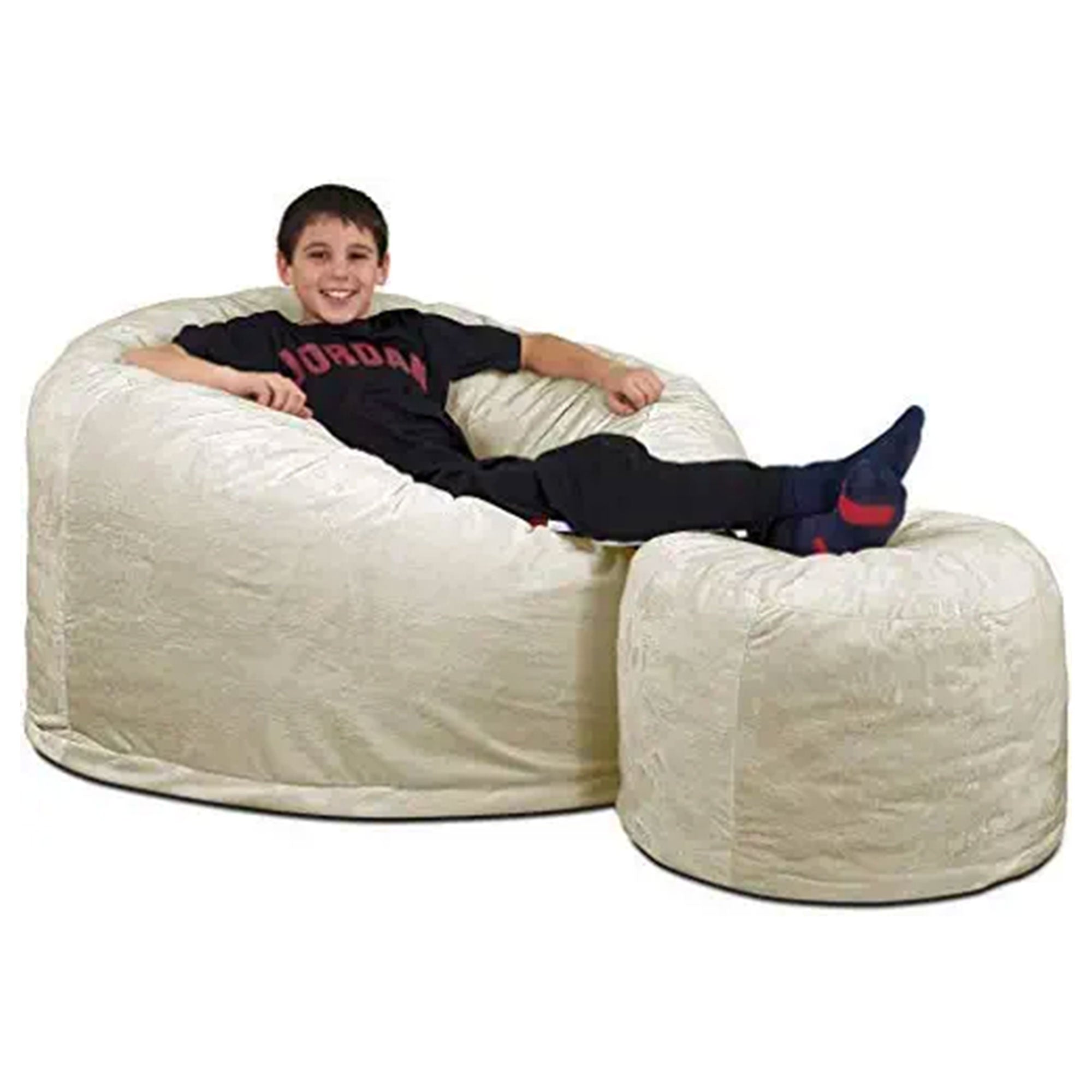 Ultimate Sack 4 Foot Foam Filled Fur Covered Bean Bag Chair w/Footstool, Ivory