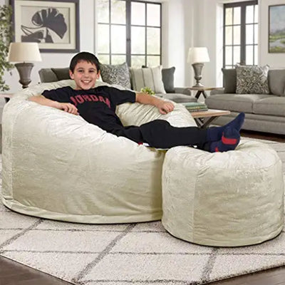 Ultimate Sack 4 Foot Foam Filled Fur Covered Bean Bag Chair w/Footstool, Ivory