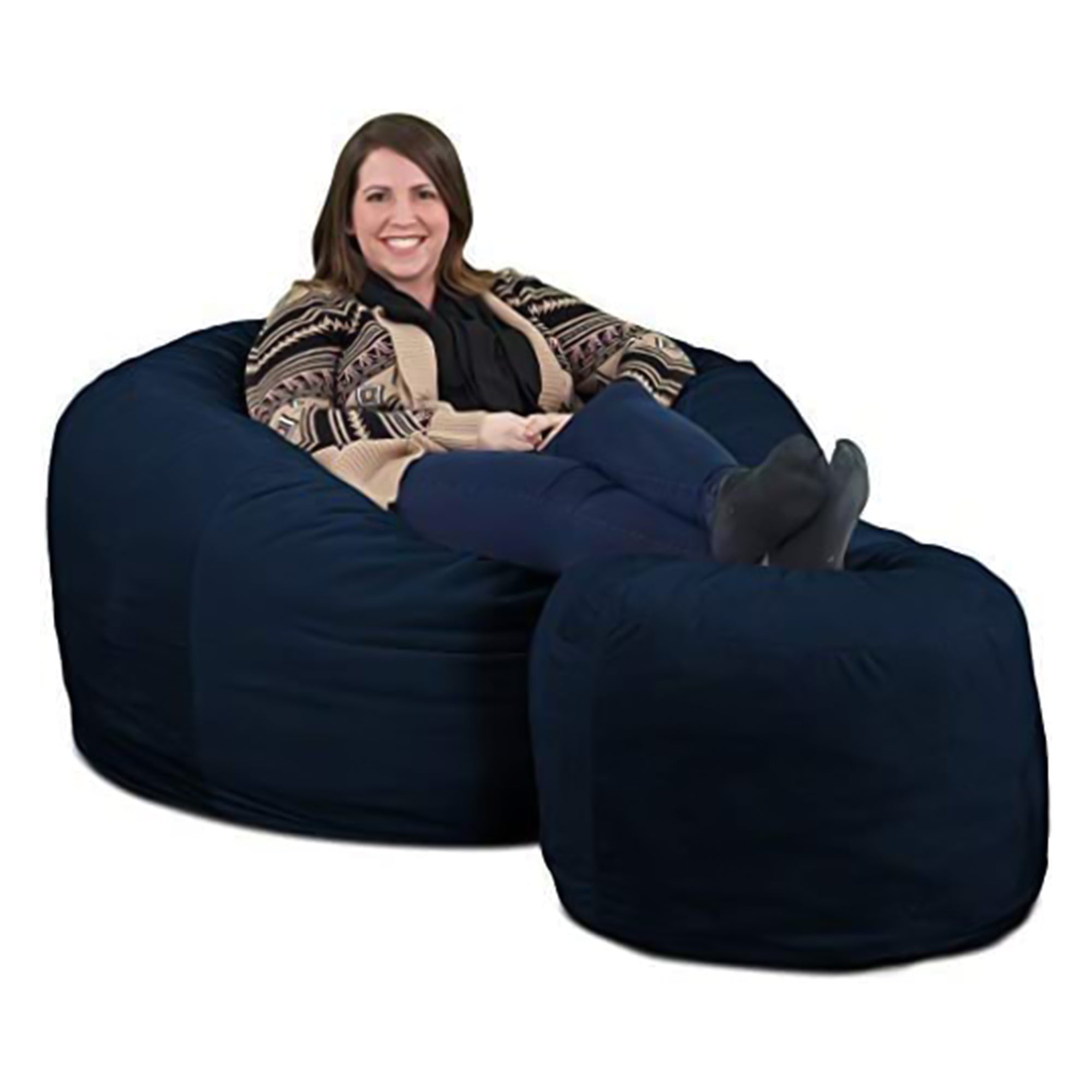 Ultimate Sack 4 Ft Foam Filled Suede Covered Bean Bag Chair with Footstool, Navy