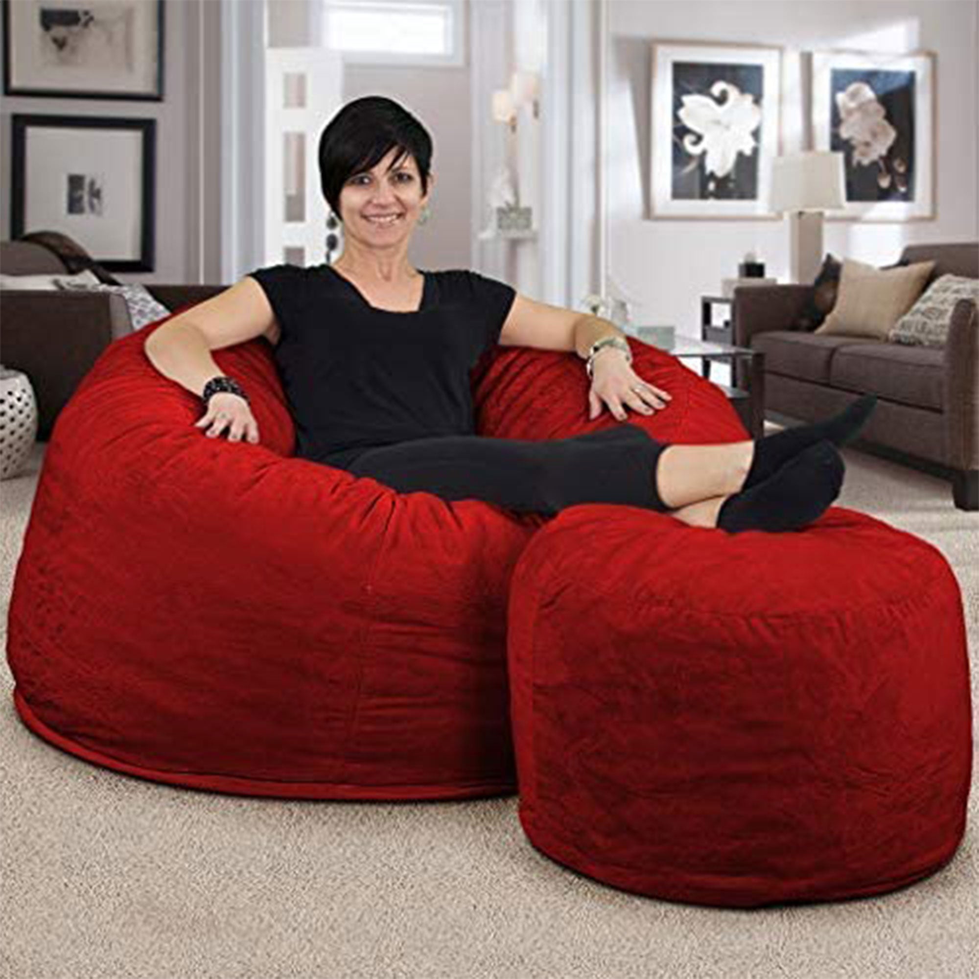 Ultimate Sack 4 Foot Foam Filled Suede Covered Bean Bag Chair w/Footstool, Red