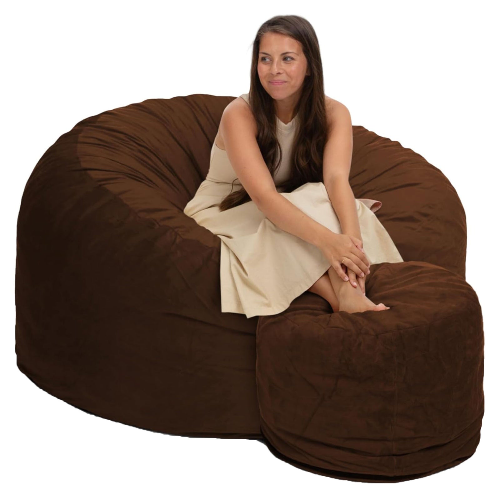 Ultimate Sack 5ft Bean Bag Chair and Footstool, Oversized Lounger, Brown Suede - VMInnovations