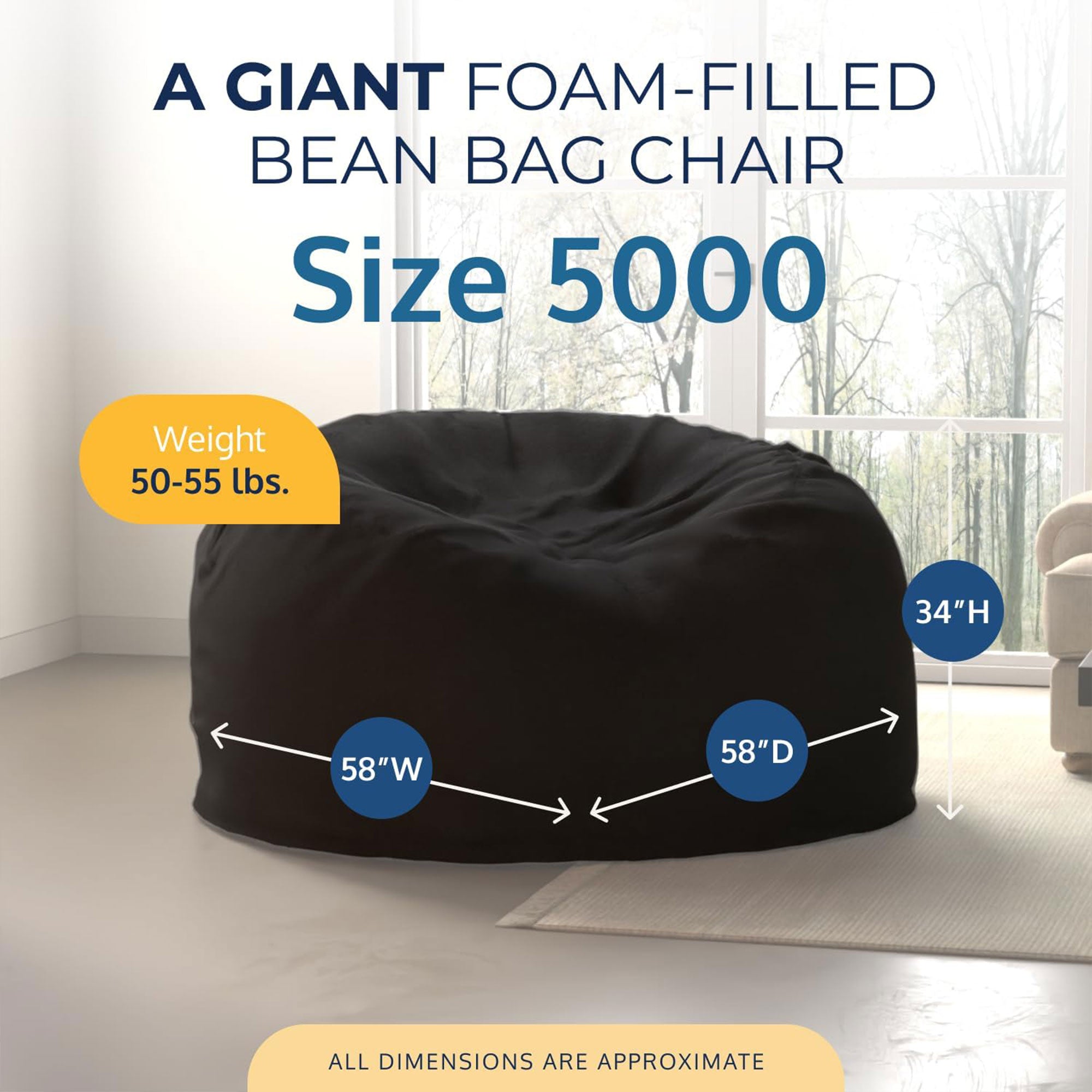 Ultimate Sack 5 Ft Foam Filled Fur Covered Bean Bag Chair w/Footstool, Charcoal - VMInnovations