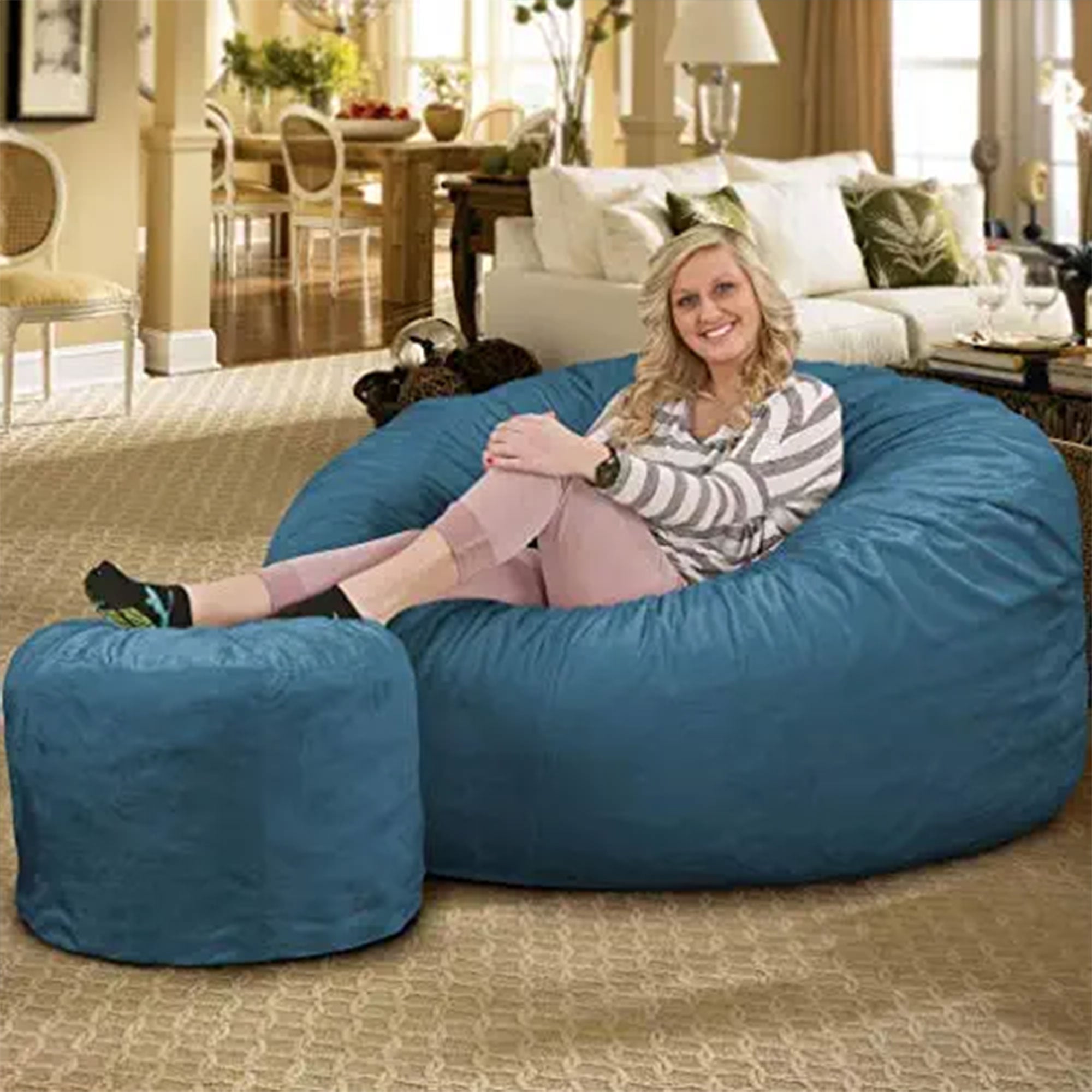 Ultimate Sack 5 Foot Foam Filled Fur Covered Bean Bag Chair w/Footstool, Cloud