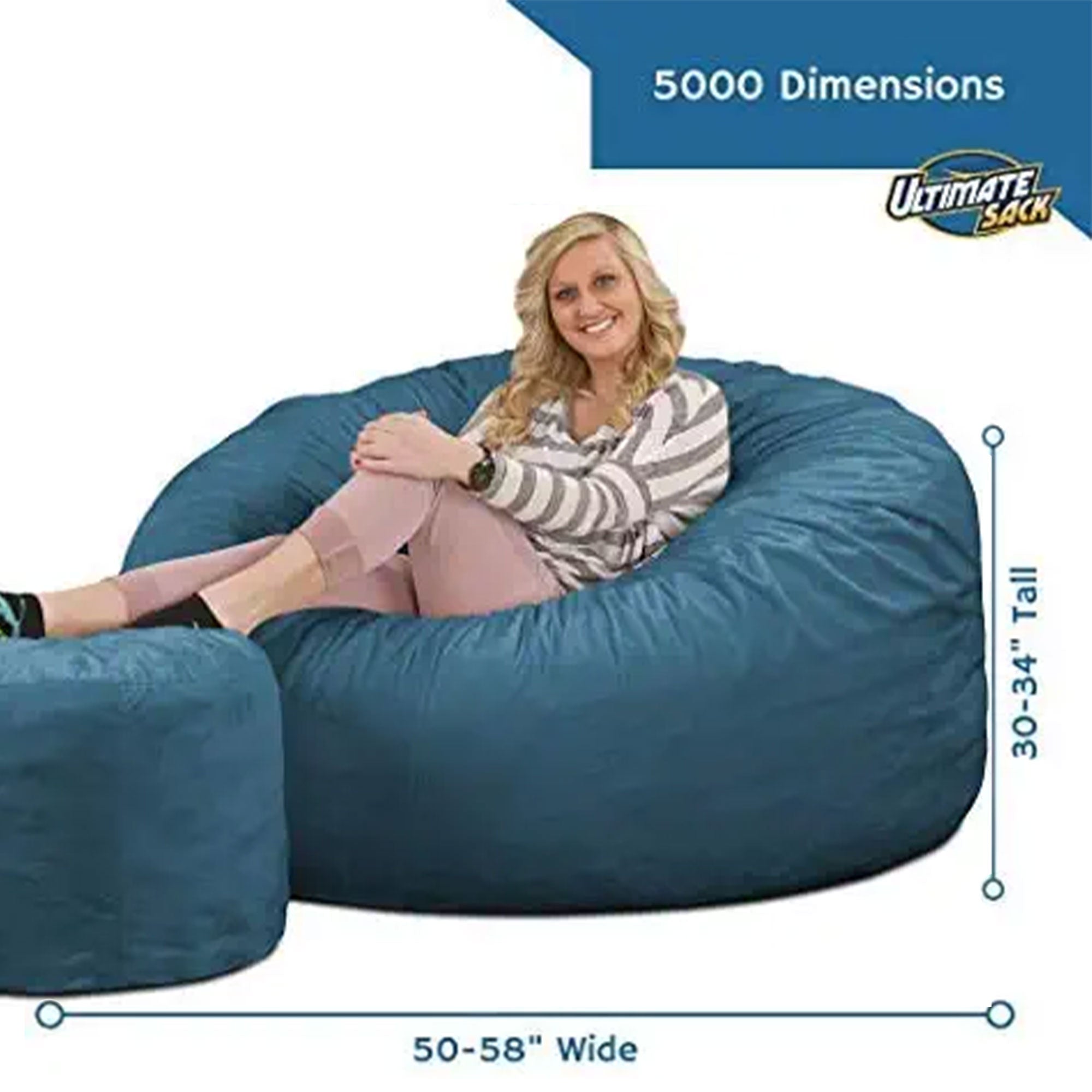 Ultimate Sack 5 Foot Foam Filled Fur Covered Bean Bag Chair w/Footstool, Cloud