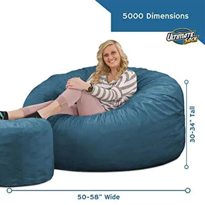 Ultimate Sack 5 Foot Foam Filled Fur Covered Bean Bag Chair w/Footstool, Cloud