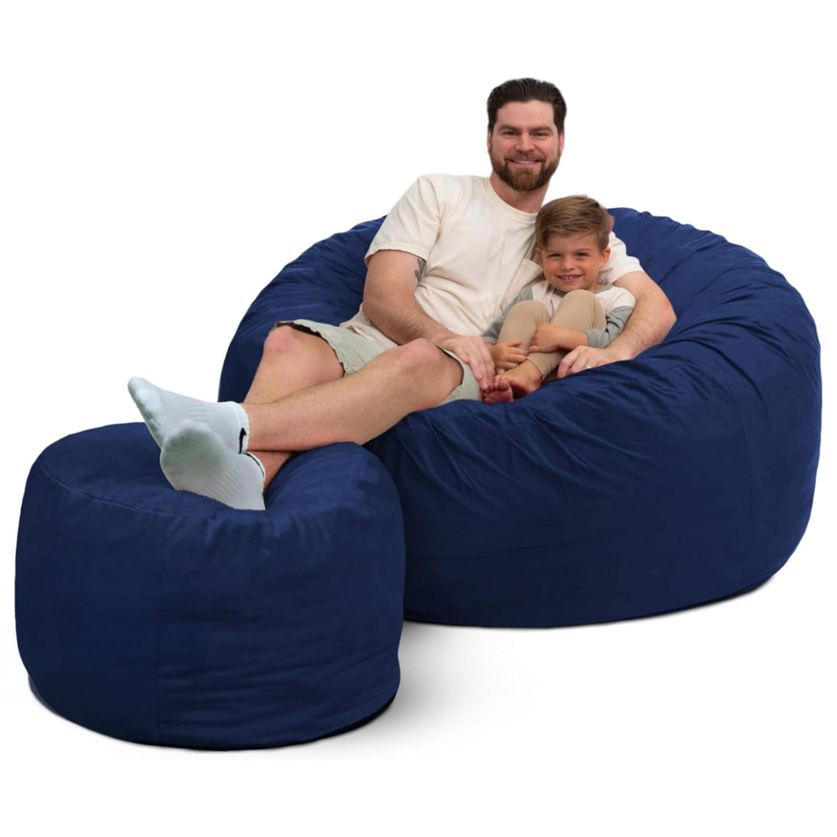 5 Foot Foam Filled Suede Bean Bag Chair w/Footstool, Electric Blue (Used)