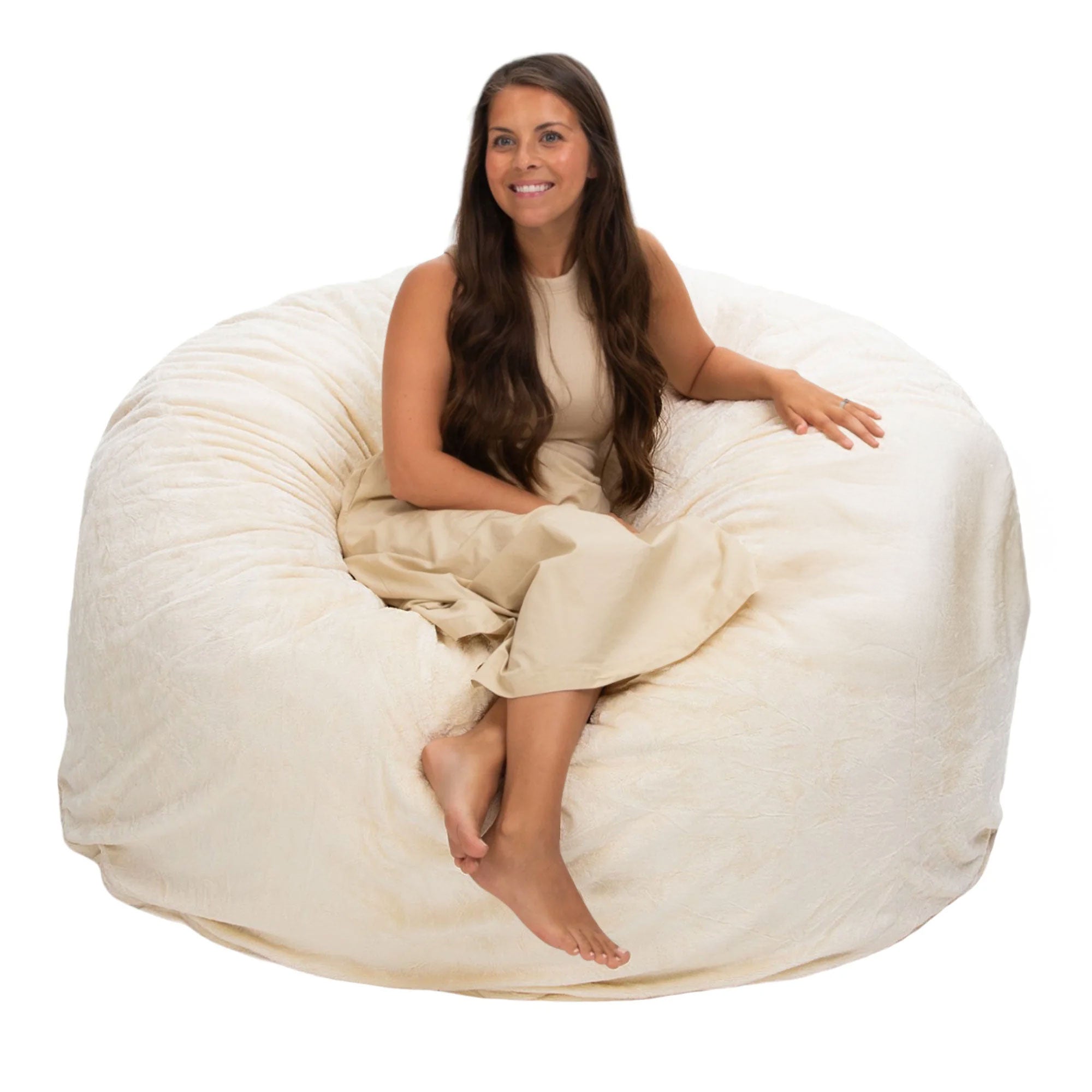 Ultimate Sack 5ft Foam Filled Washable Fur Covered Bean Bag Chair, Ivory (Used)
