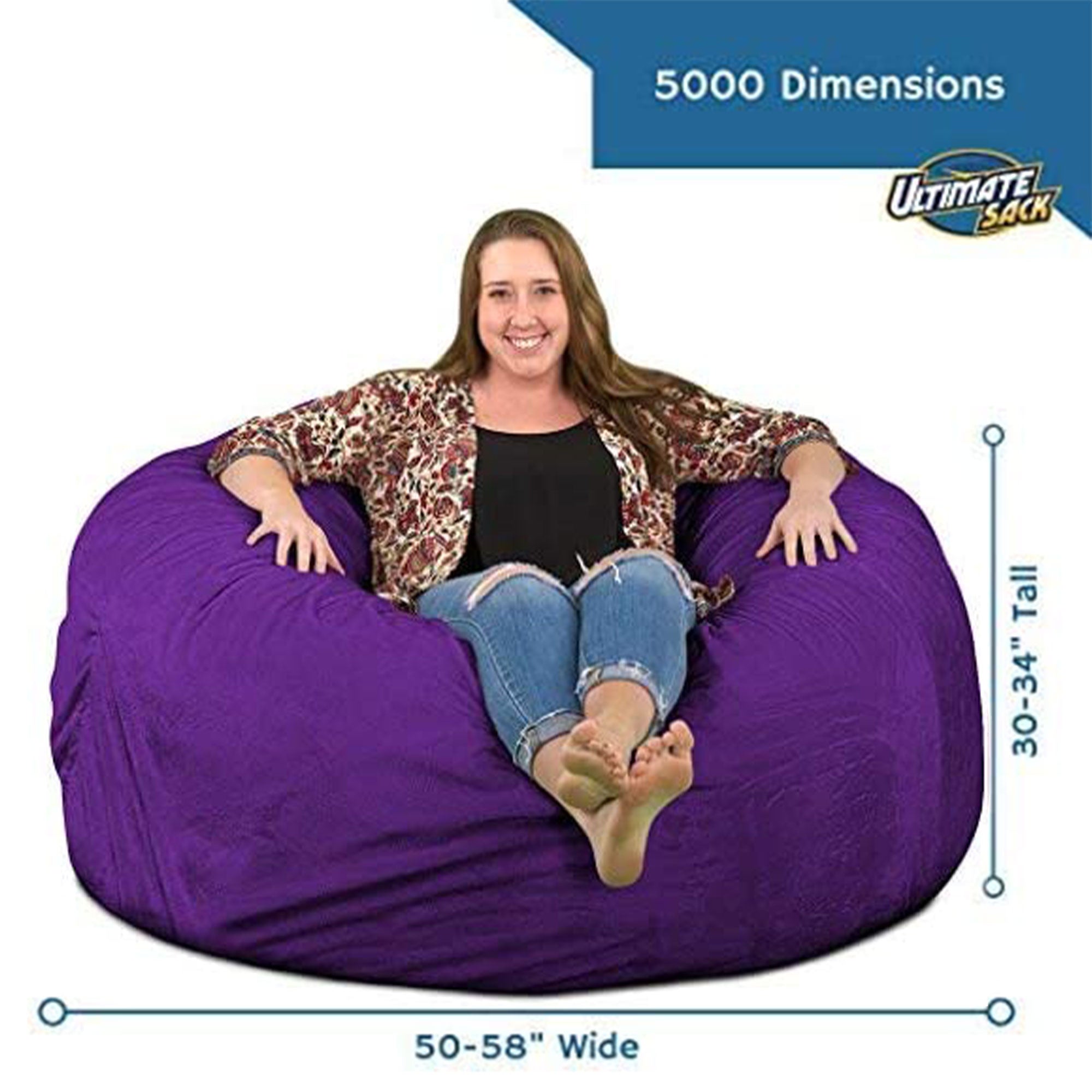 Ultimate Sack 5 Foot Foam Filled Washable Suede Covered Bean Bag Chair, Purple
