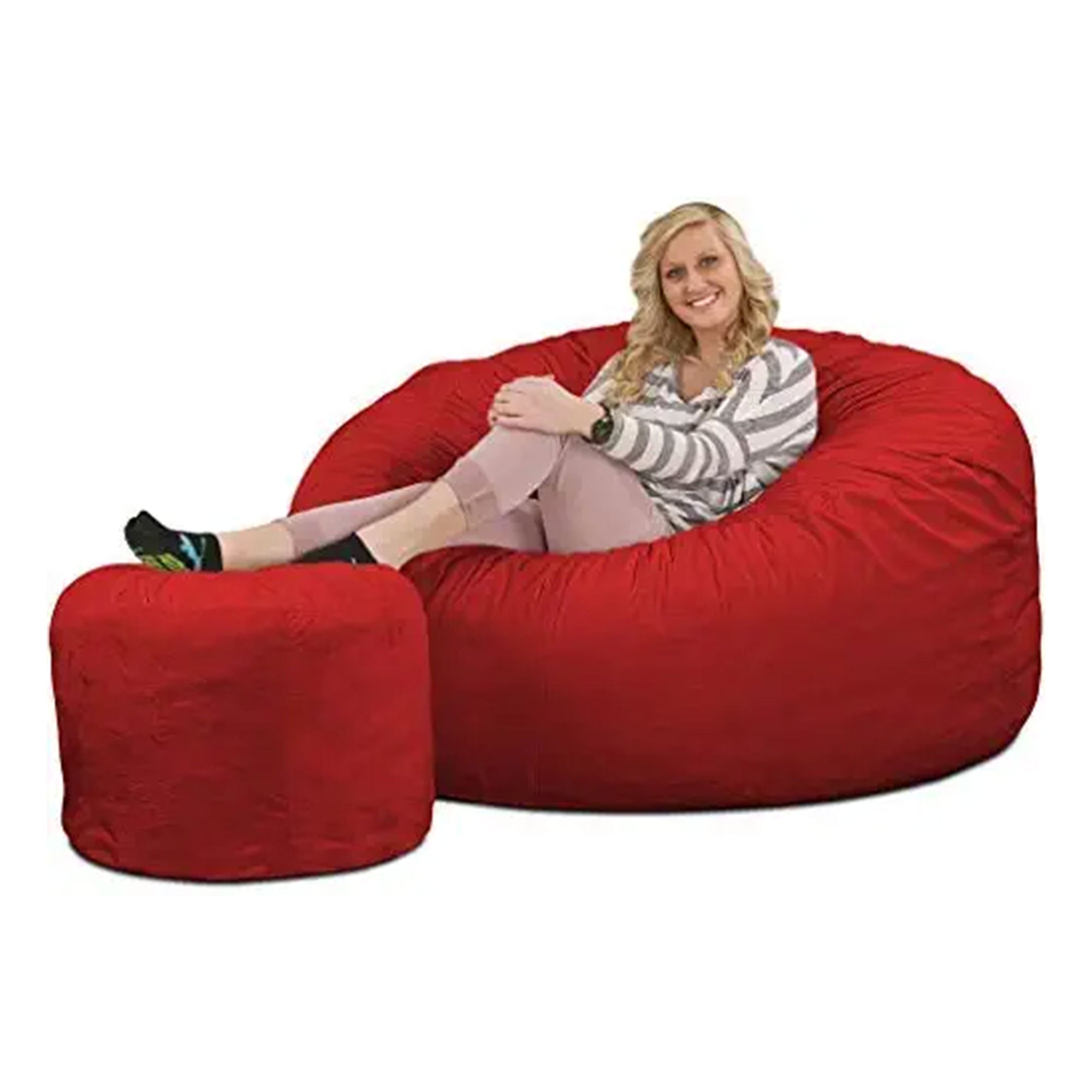 Ultimate Sack 5 Foot Foam Filled Suede Covered Bean Bag Chair w/Footstool, Red