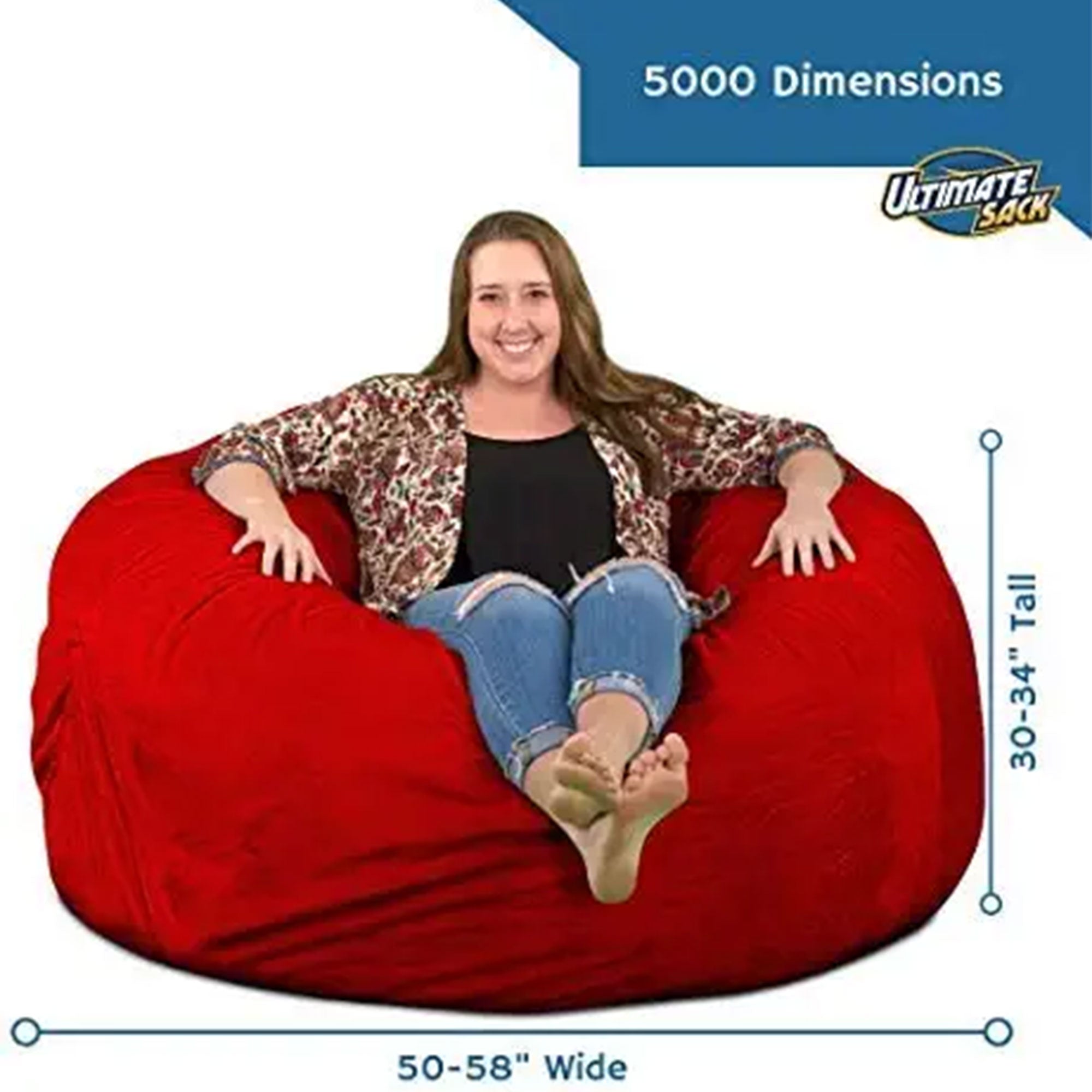 Ultimate Sack 5 Foot Foam Filled Suede Covered Bean Bag Chair w/Footstool, Red