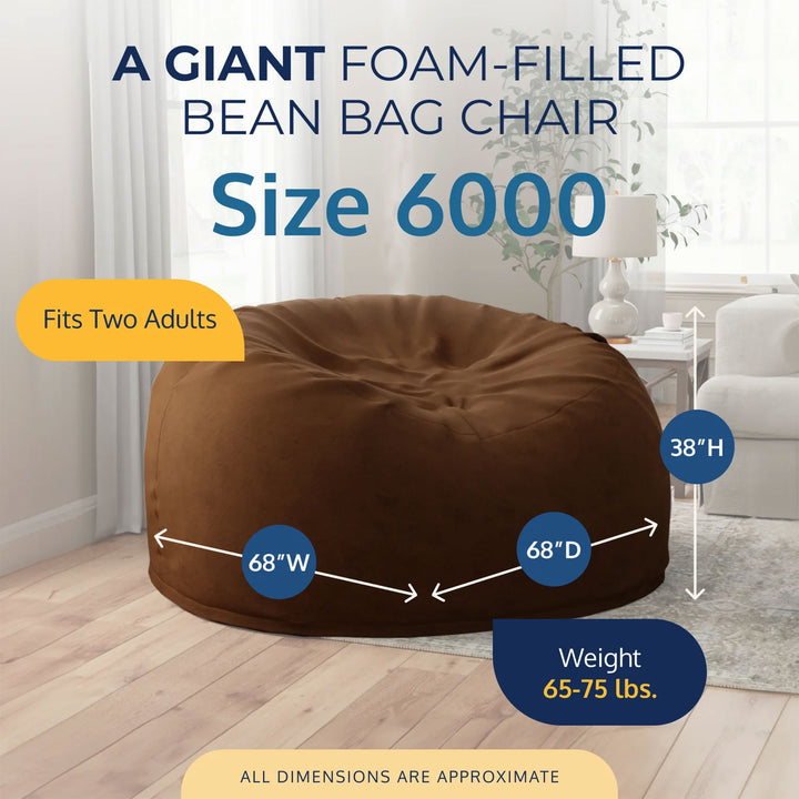 Ultimate Sack 6ft Bean Bag Chair, Oversized Indoor Comfy Lounger, Brown Suede