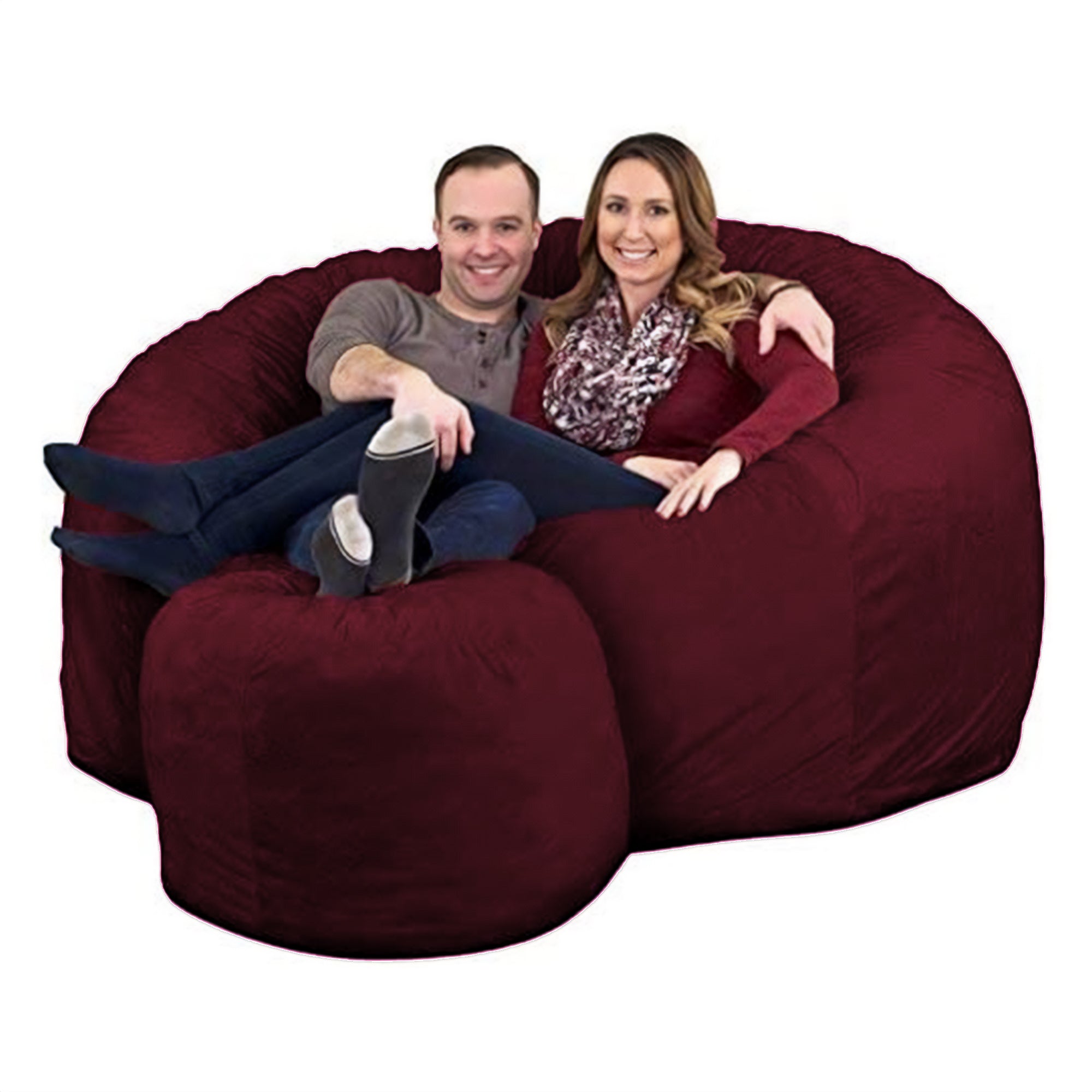Ultimate Sack 6' Bean Bag Chair and Footstool, Oversized Lounger, Burgundy Suede - VMInnovations