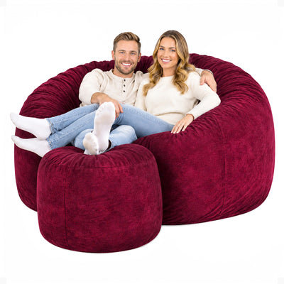 Ultimate Sack 6' Bean Bag Chair and Footstool, Oversized Lounger, Burgundy Suede - VMInnovations