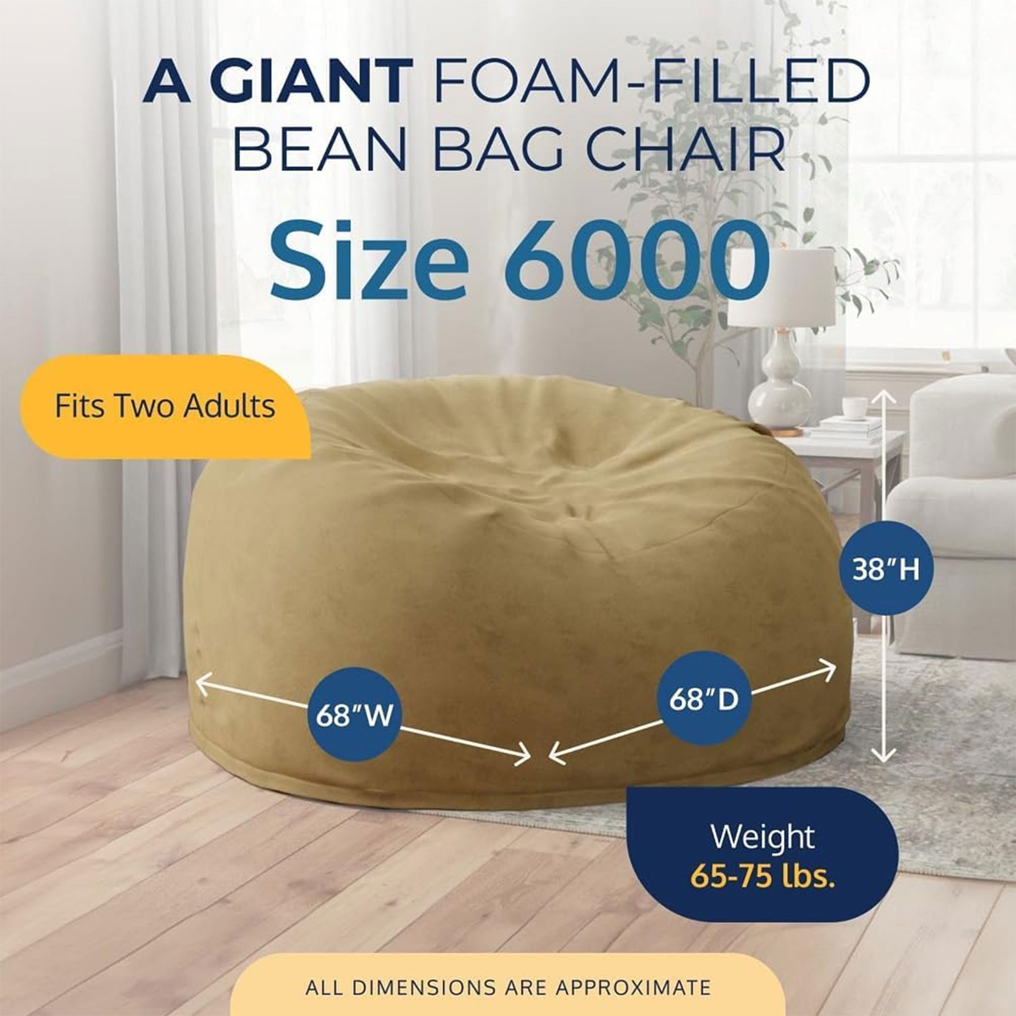 Ultimate Sack 6ft Bean Bag Chair, Oversized Indoor Comfy Lounger, Camel Suede - VMInnovations