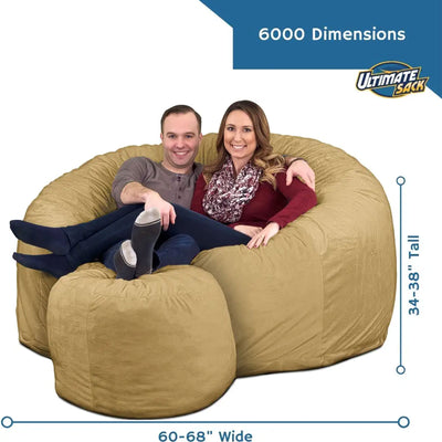 Ultimate Sack 6 Foot Foam Filled Suede Covered Bean Bag Chair w/Footstool, Camel