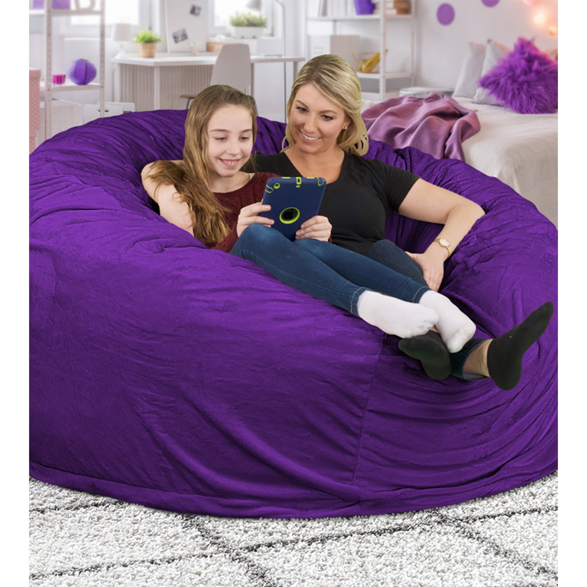 Ultimate Sack 6 Ft Foam Filled Suede Covered Bean Bag Chair w/Footstool, Purple