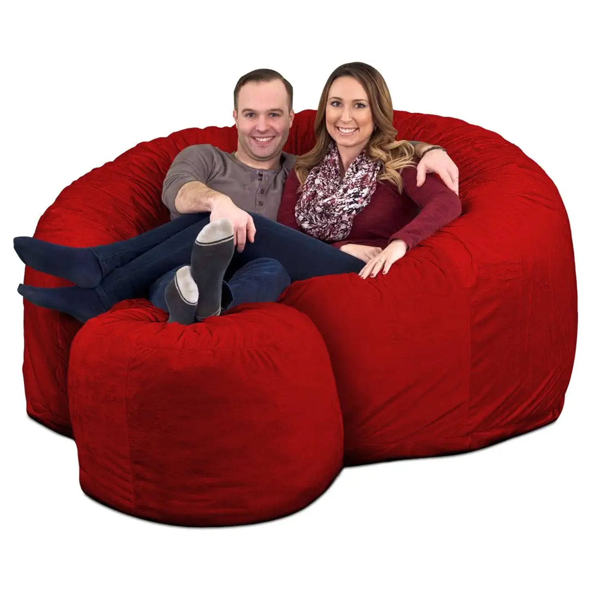 6 Foot Foam Filled Suede Covered Bean Bag Chair w/Footstool, Red (Used)