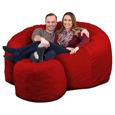 6 Foot Foam Filled Suede Covered Bean Bag Chair w/Footstool, Red (Used)