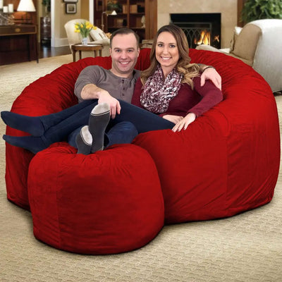 6 Foot Foam Filled Suede Covered Bean Bag Chair w/Footstool, Red (Used)