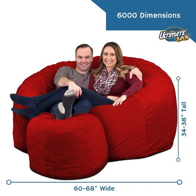 6 Foot Foam Filled Suede Covered Bean Bag Chair w/Footstool, Red (Used)