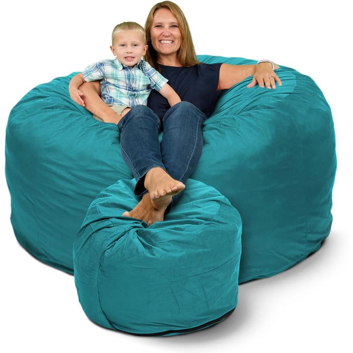 6 Foot Foam Filled Suede Covered Bean Bag Chair w/Footstool, Teal (Open Box)