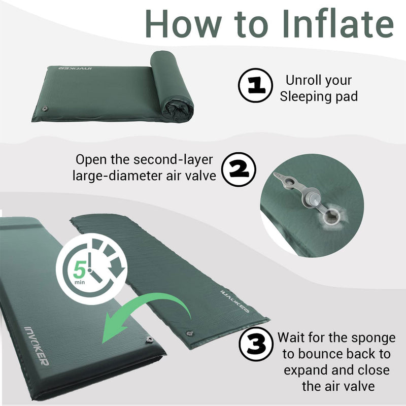 INVOKER 3" UltraThick Self Inflating Memory Foam Sleeping Pad, Green (Open Box)
