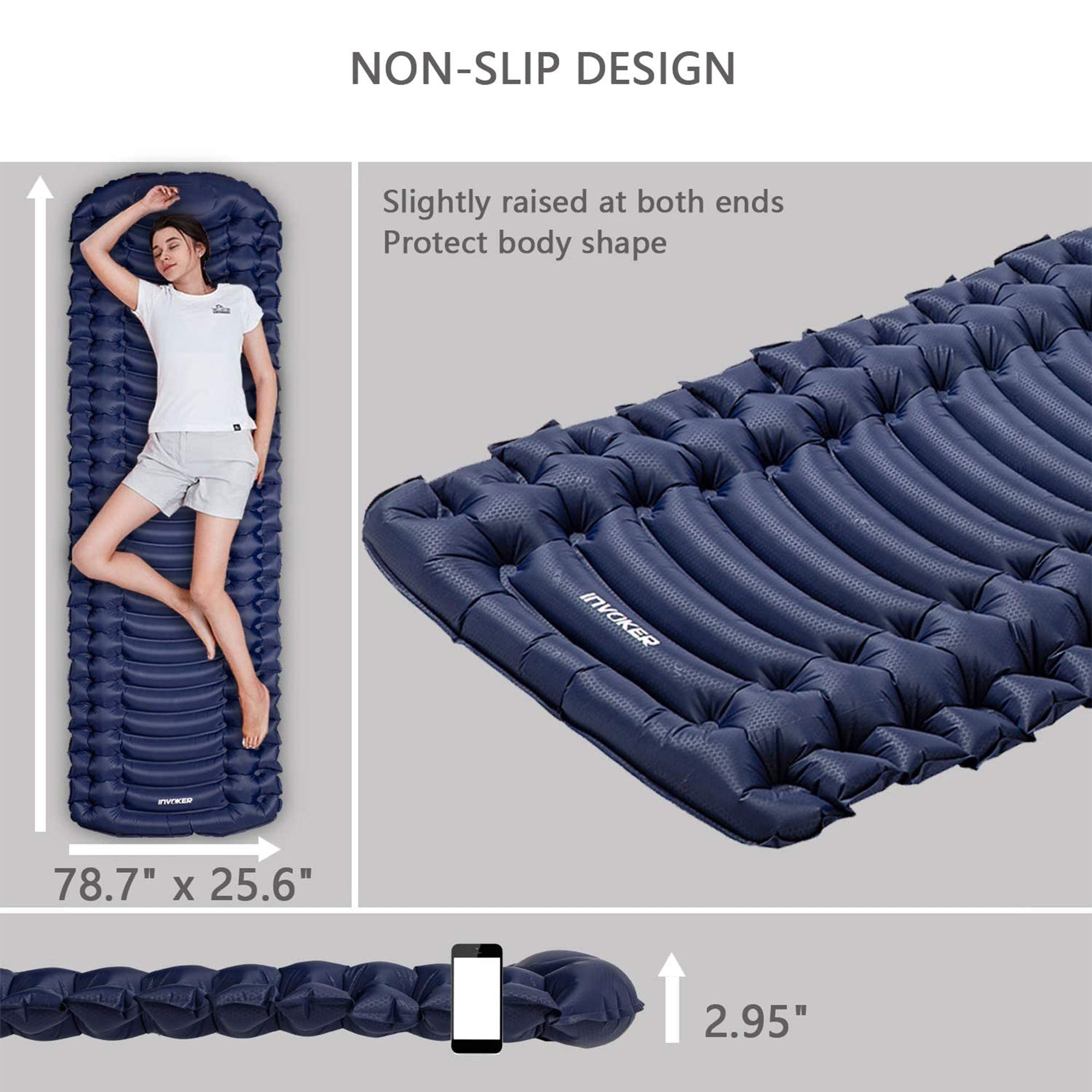 INVOKER Inflatable Camping Sleep Pad w/ Built In Foot Pump, Navy Blue (Open Box) - VMInnovations