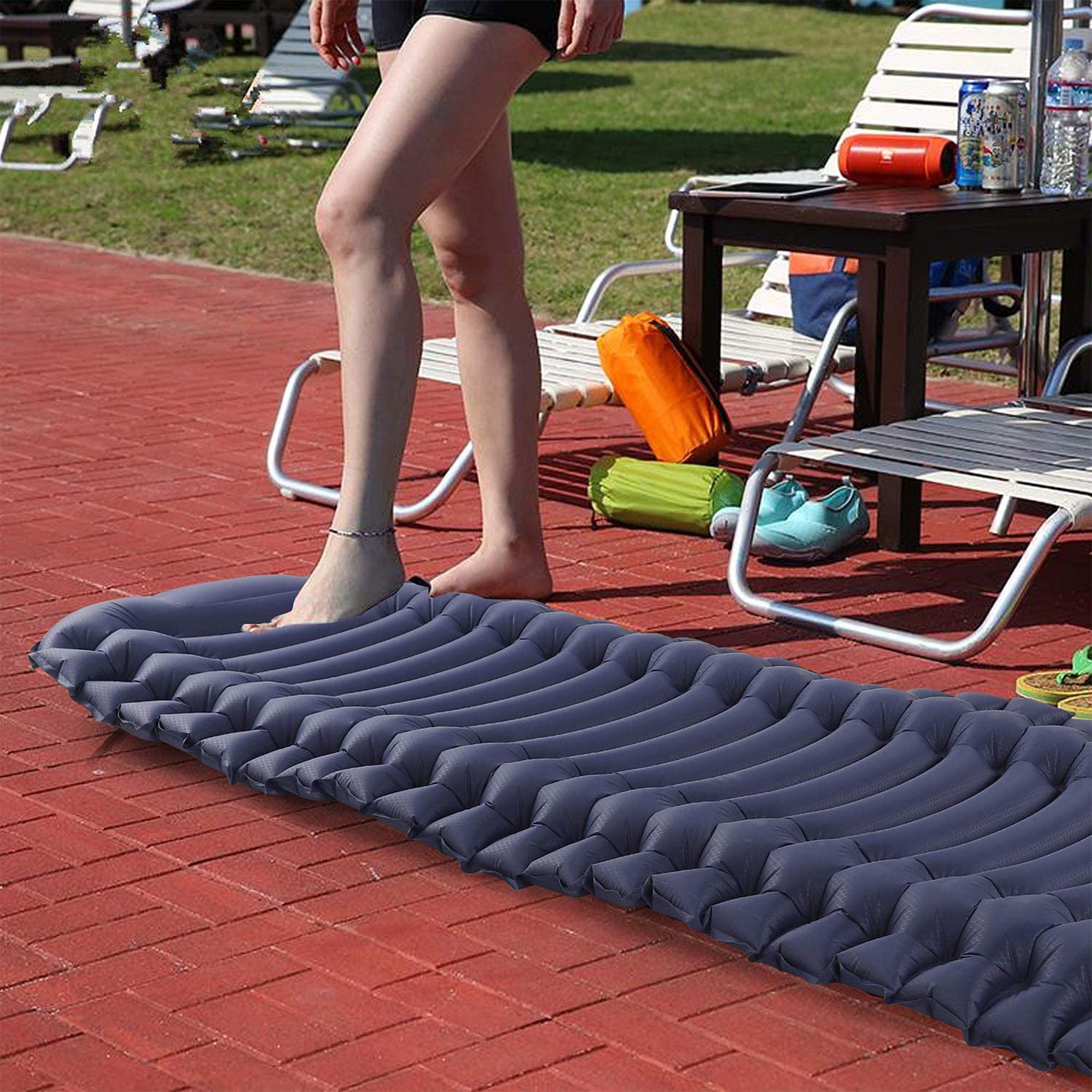 INVOKER Inflatable Camping Sleep Pad w/ Built In Foot Pump, Navy Blue (Open Box) - VMInnovations