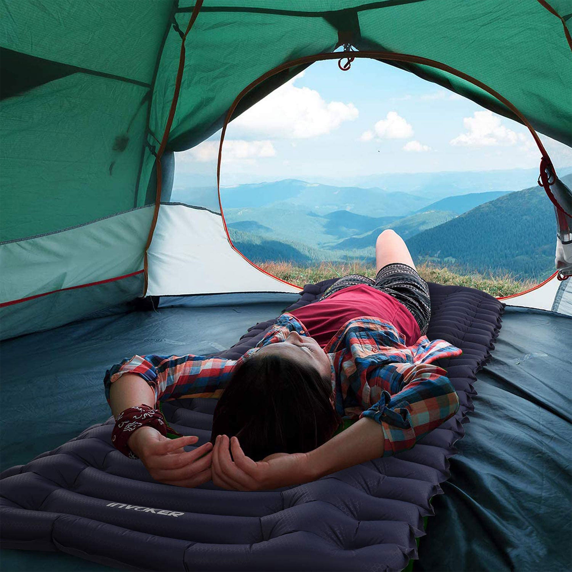 INVOKER Inflatable Camping Sleep Pad w/ Built In Foot Pump, Navy Blue (Open Box) - VMInnovations