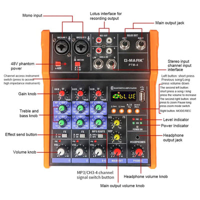 G-MARK PTM4 Mini 4 Channel Portable Bluetooth Audio Mixer Sound Board DJ Console