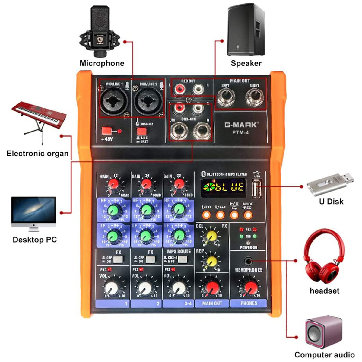 G-MARK PTM4 Mini 4 Channel Portable Bluetooth Audio Mixer Sound Board DJ Console