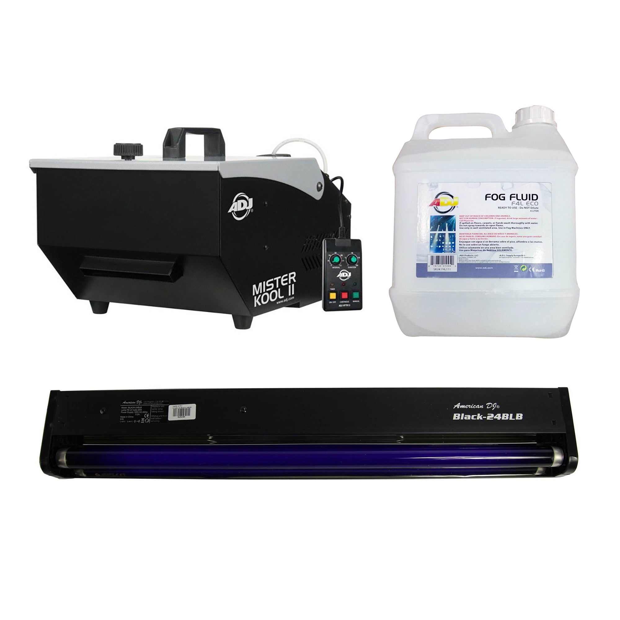 American DJ Mister Kool II Fog Machine, ECO-FOG 4 L Bottle, and 24" Black Light - VMInnovations
