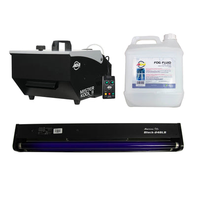 American DJ Mister Kool II Fog Machine, ECO-FOG 4 L Bottle, and 24" Black Light - VMInnovations